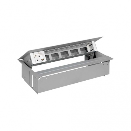 Simon 400 Алюминий Врезной розеточный блок с крышкой и мет. вводом, 1x2P+E, 5 пустых отвертия