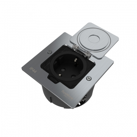 Systeme Electric MultiDesk Серебро Лючок с розеткой 2К+З, 16А/250В, IP44 с монтажной коробкой для стены, фальшпола, стола, тип MDK21