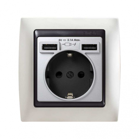 Simon 82 Накладка для розетки Schuko с зарядным устройством 2хUSB цвета алюминий