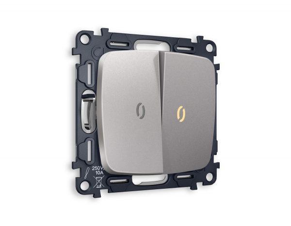 Комплект механизма 2-клавишного проходного выключателя с подсветкой 3200K OMEGA MO504030 Сталь матовый QUANT