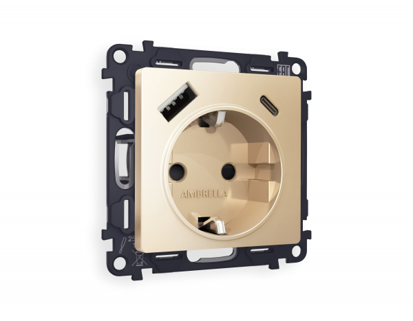 Комплект механизма электрической розетки ALFA MA610010 Шампань 2USB A+C 20W быстрая зарядка с заземлением и шторками 2P+E 16A-250V QUANT