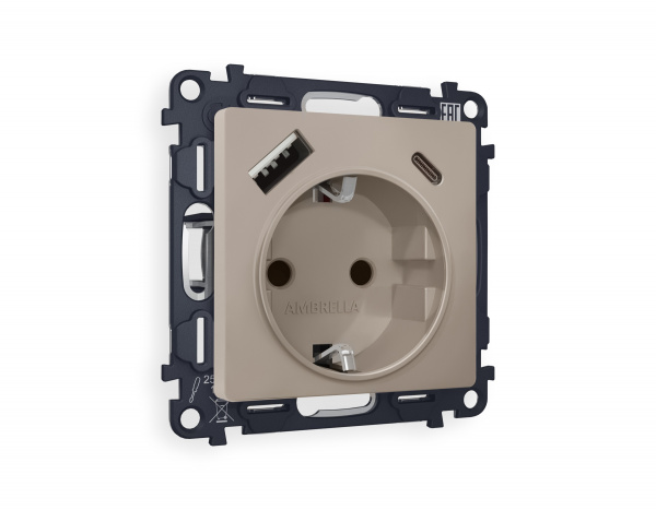 Комплект механизма электрической розетки ALFA MA370010 Серо-бежевый матовый 2USB A+C 20W быстрая зарядка с заземлением со шторками 2P+E 16A-250V QUANT