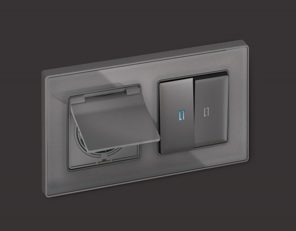 Лицевая панель ALFA (Антрацит серый) для электрической розетки с заземлением со шторками и крышкой IP44 QUANT AP6580