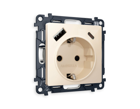 Комплект механизма электрической розетки ALFA MA310010 Бежевый глянец 2USB A+C 20W быстрая зарядка с заземлением и шторками 2P+E 16A-250V QUANT