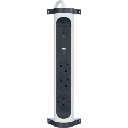 Legrand Revolution Комфорт Бело-черный Удлинитель 3x2К+З с 2xUSB A+C (3А), кабель 1,5м, плоские розетки, УЗИП с индикацией, фиксируемый поворотный бло