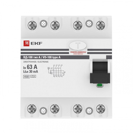 EKF PROxima ВД-100  УЗО 4P 63А/30мА (A) электромеханическое