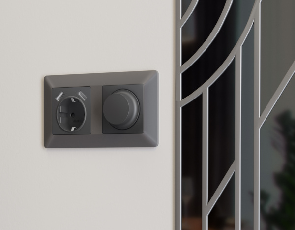 Лицевая панель ALFA (Графит Мягкое касание) для электрической розетки с заземлением со шторками 2USB A+A QUANT AP9090