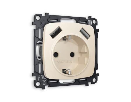 Комплект механизма электрической розетки OMEGA MO329010 Бежевый матовый 2USB A+A 18W быстрая зарядка с заземлением со шторками 2P+E 16A-250V QUANT