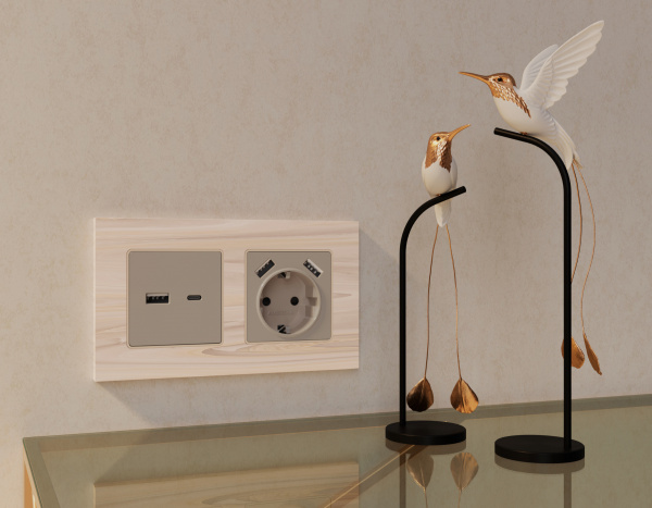 Лицевая панель ALFA (Серо-бежевый матовый) для электрической розетки с/з со шторками 2USB A+A QUANT AP3690