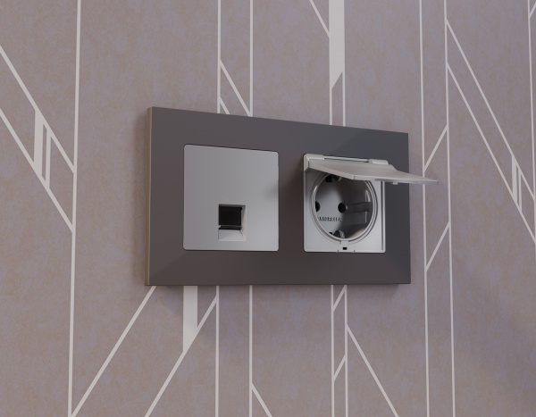 Лицевая панель ALFA (Сталь матовый) для электрической розетки с заземлением со шторками и крышкой IP44 QUANT