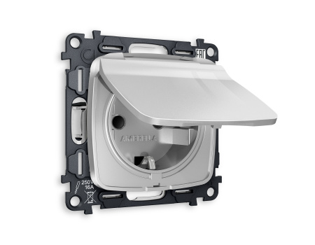 Комплект механизма электрической розетки OMEGA MO408010 Серебро глянец с заземлением с шторками и защитной крышкой 2P+E 16A-250V IP44 QUANT