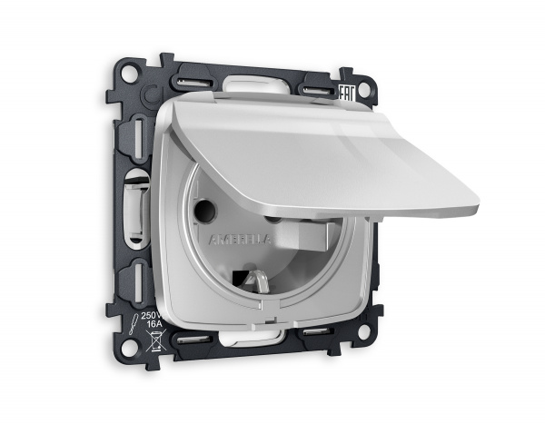 Комплект механизма электрической розетки OMEGA MO408010 Серебро глянец с заземлением с шторками и защитной крышкой 2P+E 16A-250V IP44 QUANT