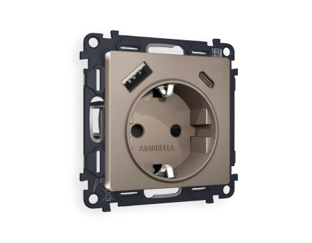 Комплект механизма электрической розетки ALFA MA640010 Темная бронза матовый 2USB A+C 20W быстрая зарядка с заземлением и шторками 2P+E 16A-250V QUANT