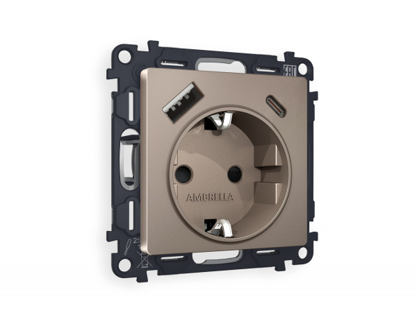 Комплект механизма электрической розетки ALFA MA640010 Темная бронза матовый 2USB A+C 20W быстрая зарядка с заземлением и шторками 2P+E 16A-250V QUANT