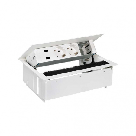 Simon 400 Белый Врезной розеточный блок с крышкой, ввод щетка, 2x2P+E, 2xUSB зарядное уст., 1 пустой модуль