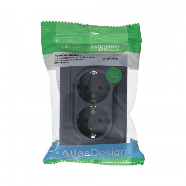 SE AtlasDesign Грифель Розетка с/з двойная, 16А, в сборе