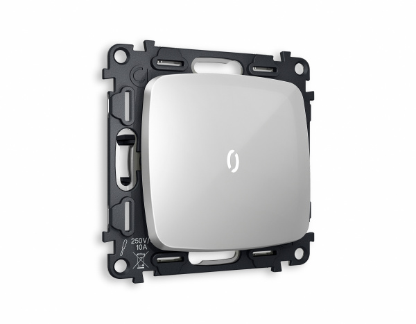 Комплект механизма 1-клавишного проходного выключателя с подсветкой 3200K OMEGA MO402035 Серебро глянец QUANT