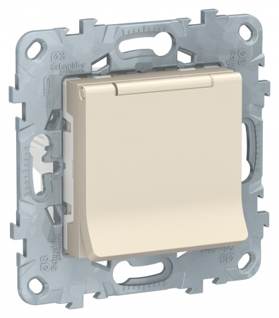 SE Unica New Беж Розетка с/з со шторками, с крышкой, 16А, 250В, IP40,