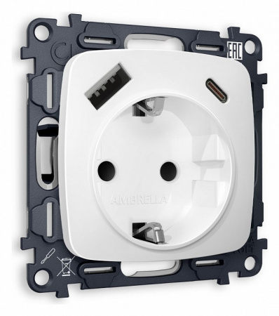Комплект механизма электрической розетки OMEGA MO130010 Белый матовый 2USB A+C 20W быстрая зарядка с заземлением со шторками 2P+E 16A-250V QUANT
