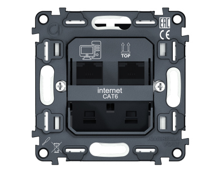 Механизм компьютерной двойной розетки RJ-45 (8P8C) CAT6 1000 Base-T с автоматической защитной шторкой QUANT VM189