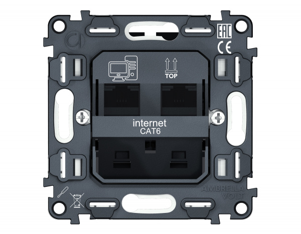 Механизм компьютерной двойной розетки RJ-45 (8P8C) CAT6 1000 Base-T с автоматической защитной шторкой QUANT VM189