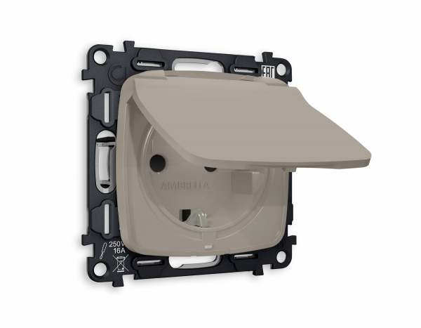 Комплект механизма электрической розетки OMEGA MO368010 Серо-бежевый матовый с заземлением со шторками и защитной крышкой 2P+E 16A-250V IP44 QUANT