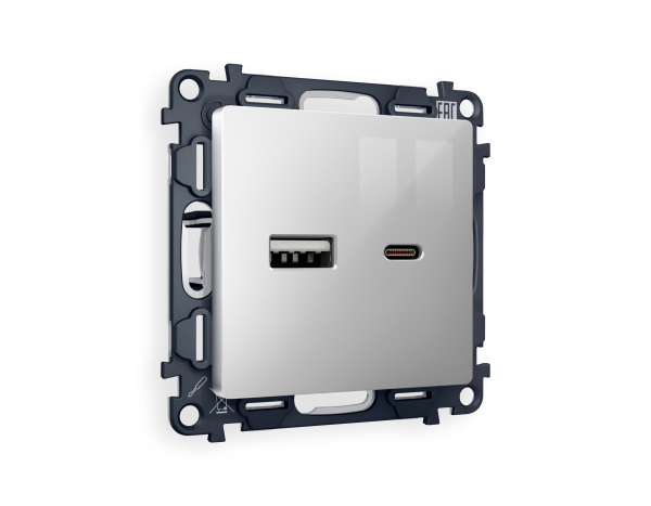 Комплект механизма розетки ALFA MA411010 Серебро глянец 2USB A+C 20W быстрая зарядка QUANT