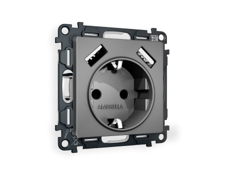 Комплект механизма электрической розетки ALFA MA659010 Антрацит серый 2USB A+A 18W быстрая зарядка с заземлением и шторками 2P+E 16A-250V QUANT