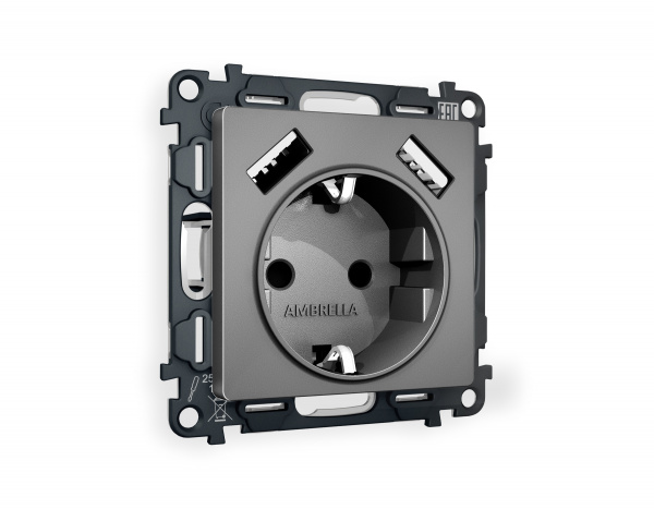 Комплект механизма электрической розетки ALFA MA659010 Антрацит серый 2USB A+A 18W быстрая зарядка с заземлением и шторками 2P+E 16A-250V QUANT