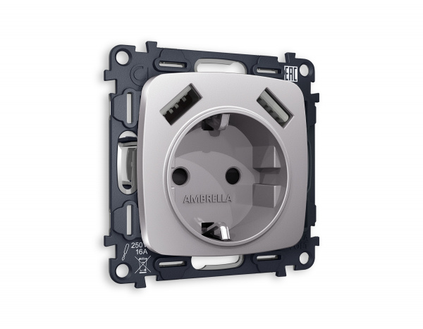 Комплект механизма электрической розетки OMEGA MO509010 Сталь матовый 2USB A+A 18W быстрая зарядка с заземлением и шторками 2P+E 16A-250V QUANT