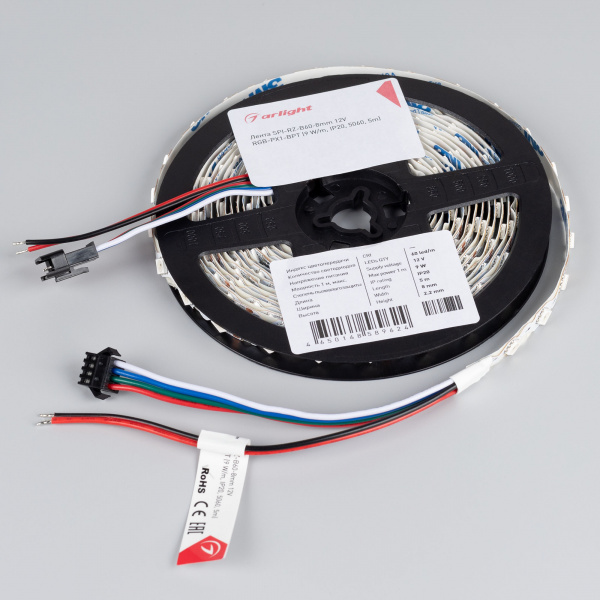 Arlight Лента SPI-RZ-B60-8mm 12V RGB-PX1-BPT (9 W/m, IP20, 5060, 5m) (-)
