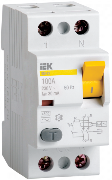 IEK KARAT Выключатель дифференциальный УЗО ВД1-63 2Р 63А 100мА тип А