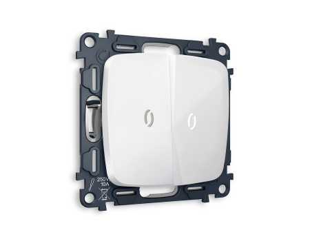 Комплект механизма 2-клавишного проходного выключателя с подсветкой 5600K OMEGA MO104035 Белый глянец QUANT