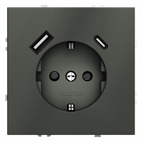 Розетка встраиваемая VOLTUM S70 с заземлением и защитными шторками, 16А, с USB, A+С, (титан) Розетка встраиваемая VOLTUM S70 с заземлением и защитными шторками, 16А, с USB, A+С, (титан)
