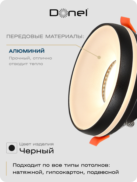 Donel Светильник встраиваемый, GU10, D95xH38мм, IP20, черный, без лампы, DN02006R1B
