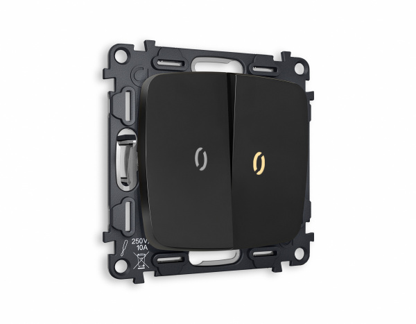 Комплект механизма 2-клавишного проходного выключателя с подсветкой 3200K OMEGA MO804030 Черный матовый QUANT