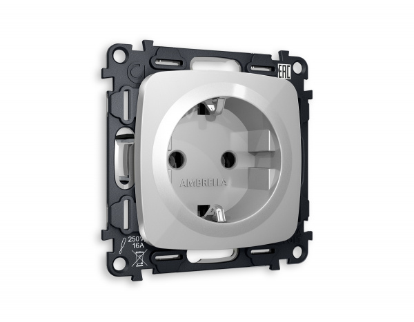 Комплект механизма электрической розетки OMEGA MO406010 Серебро глянец с заземлением на винтовых зажимах 2P+E 16A-250V QUANT