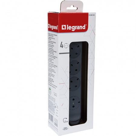 Legrand Revolution Комфорт Черный Удлинитель 4x2К+З с выкл., без кабеля, плоские розетки, фиксируемый поворотный блок
