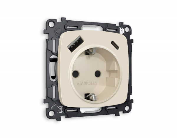 Комплект механизма электрической розетки OMEGA MO330010 Бежевый матовый 2USB A+C 20W быстрая зарядка с заземлением со шторками 2P+E 16A-250V QUANT
