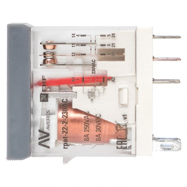 EKF AVERES Реле промежуточное с кнопкой и мех. Индикацией RPAt 22/2 8A 230В AC