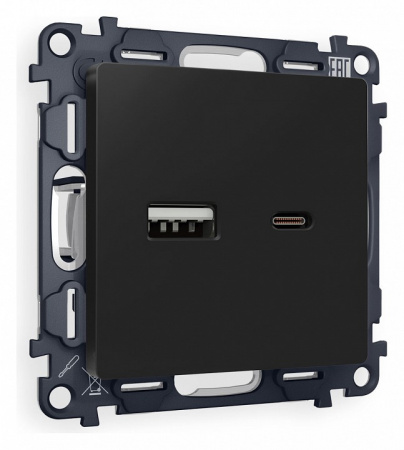 Комплект механизма розетки ALFA MA811010 Черный матовый 2USB A+C 20W быстрая зарядка QUANT
