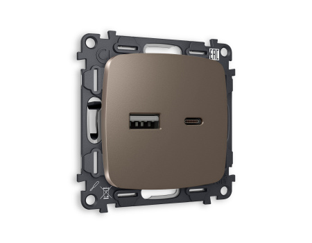 Комплект механизма розетки OMEGA MO641010 Темная бронза матовый 2USB A+C 20W быстрая зарядка QUANT