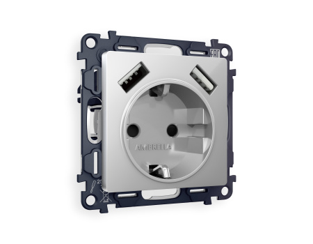 Комплект механизма электрической розетки ALFA MA409010 Серебро глянец 2USB A+A 18W быстрая зарядка с заземлением и шторками 2P+E 16A-250V QUANT