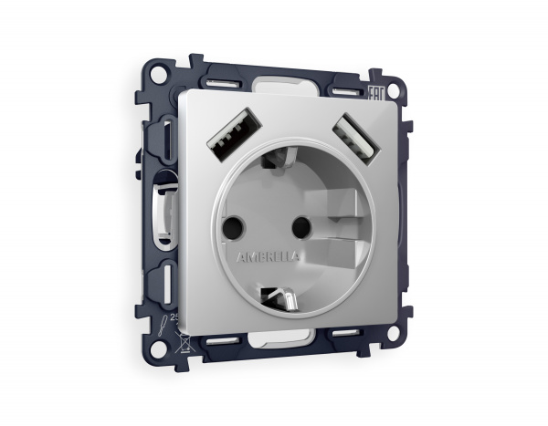 Комплект механизма электрической розетки ALFA MA409010 Серебро глянец 2USB A+A 18W быстрая зарядка с заземлением и шторками 2P+E 16A-250V QUANT