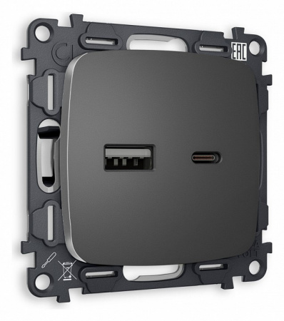 Комплект механизма розетки OMEGA MO661010 Антрацит серый 2USB A+C 20W быстрая зарядка QUANT