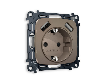 Комплект механизма электрической розетки OMEGA MO639010 Темная бронза матовый 2USB A+A 18W быстрая зарядка с заземлением и шторками 2P+E 16A-250 QUANT