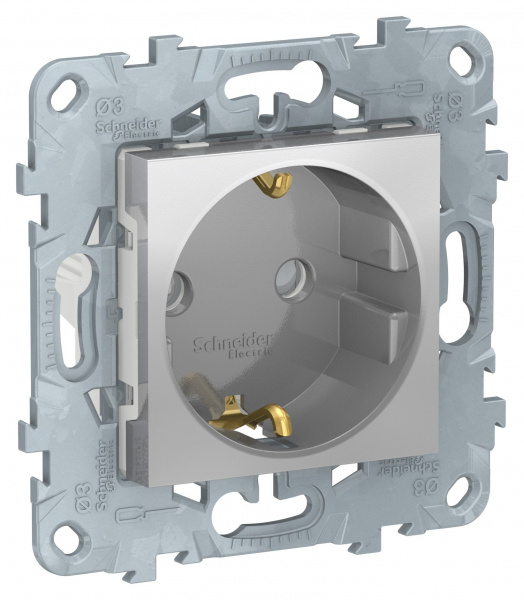 SE Unica New Алюминий Розетка с/з со шторками, винт. зажим, 16А, 250В