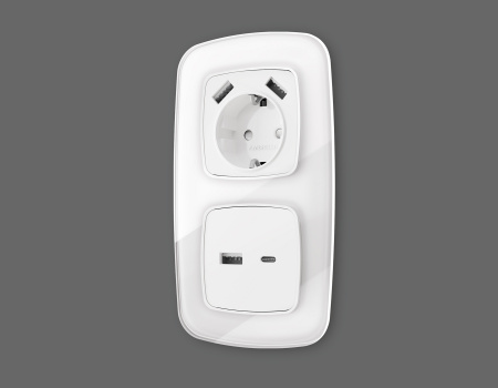 Лицевая панель OMEGA (Белый матовый) для электрической розетки с/з со шторками 2USB A+A QUANT OP1290