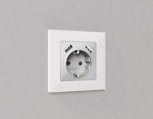 Лицевая панель ALFA (Серебро глянец) для электрической розетки с заземлением со шторками 2USB A+A QUANT AP4090