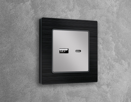 Лицевая панель ALFA (Серебро глянец) для розетки 2USB тип A+C QUANT AP4110